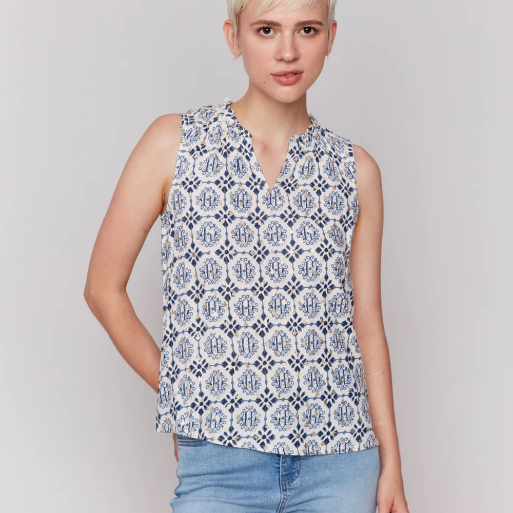 Blue and White Sleeveless Top